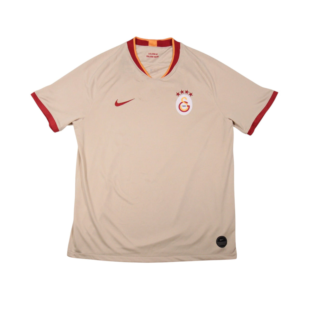 Front view of 2019/20 Galatasaray away shirt by Nike, beige with maroon and orange trim