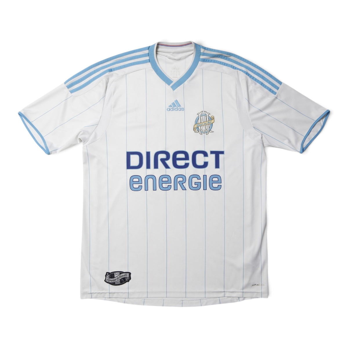Front view of Olympique de Marseille home shirt with Direct Energie sponsor