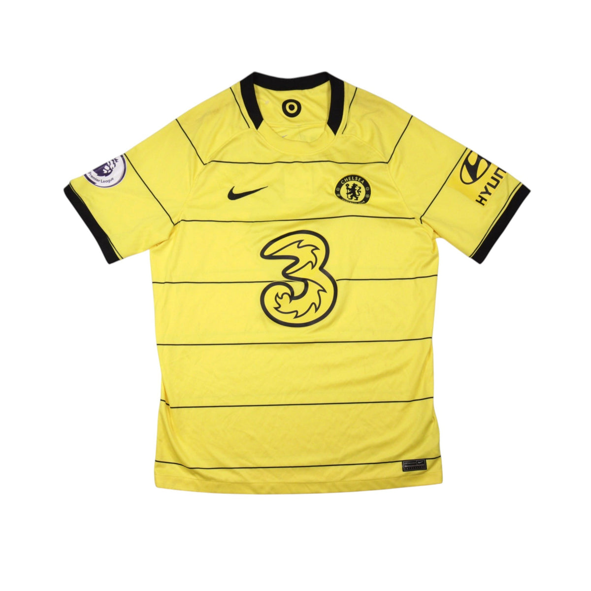 Chelsea 2021/22 away shirt front, yellow with black stripes, Three sponsor and Nike logo