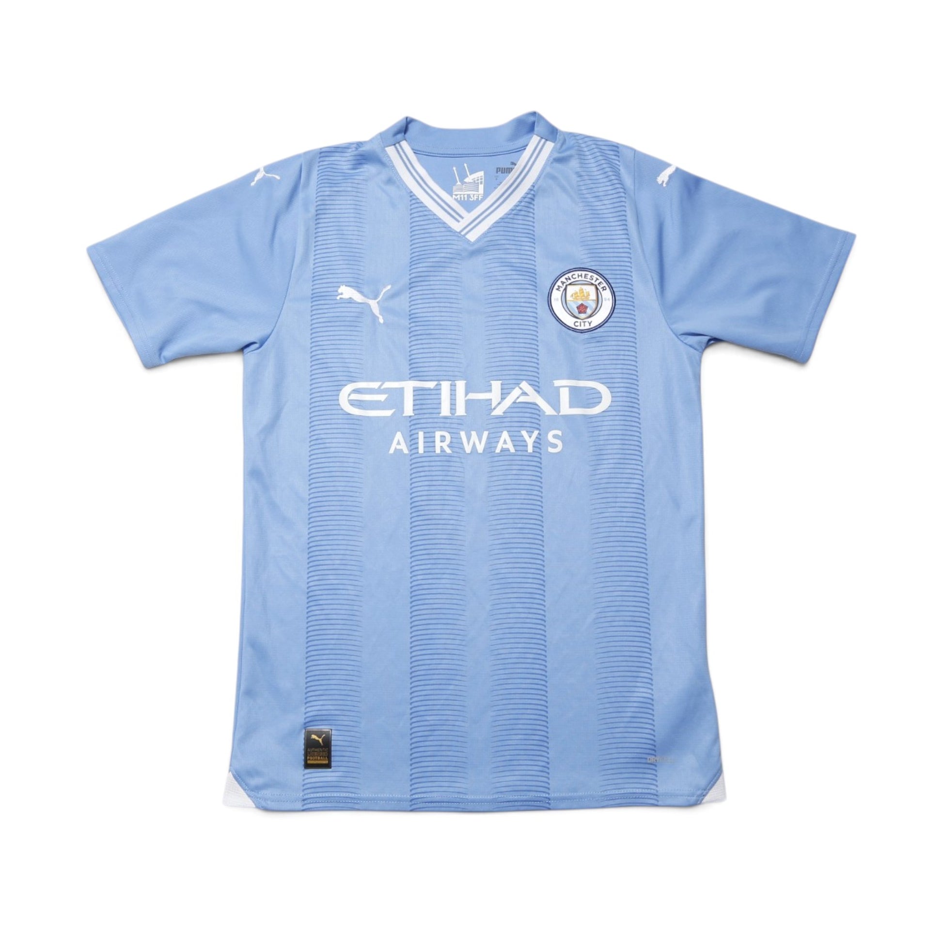 Manchester City 2023/24 home shirt front view with Etihad Airways sponsor