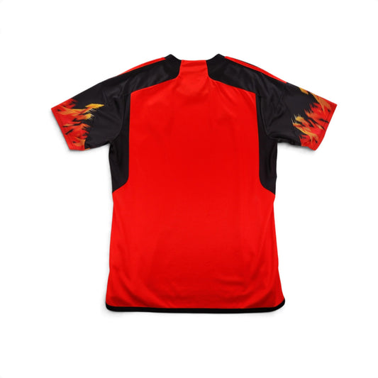 Back of 2022/23 Belgium home shirt showing plain red body and black sleeve panels