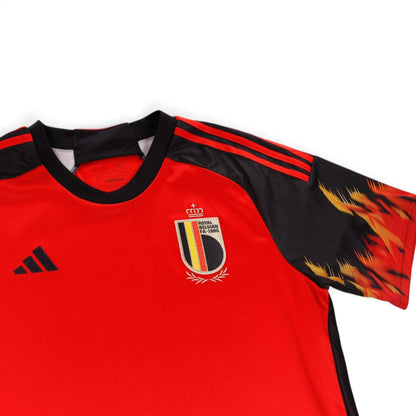 Close-up of Belgium home shirt collar, crest, adidas logo and neck label