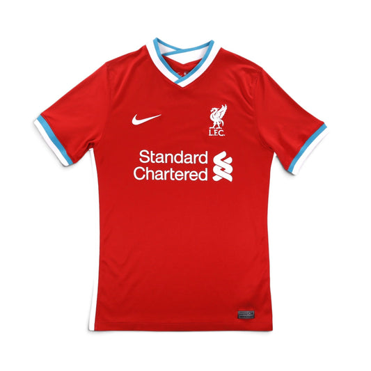 Liverpool 2020/21 home shirt front view showing Nike swoosh and Standard Chartered sponsor