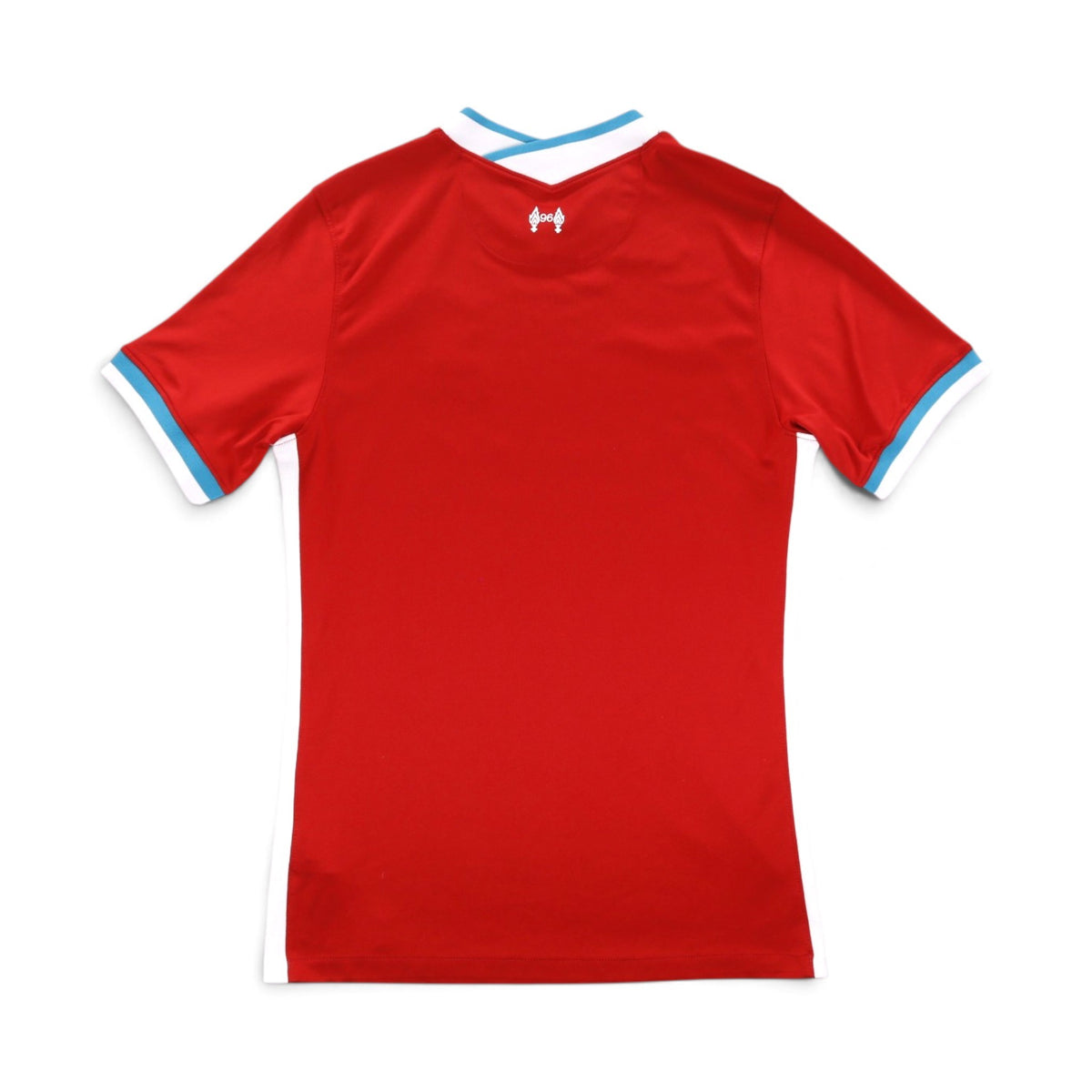 Liverpool 2020/21 home shirt back view showing plain red body and 96 emblem