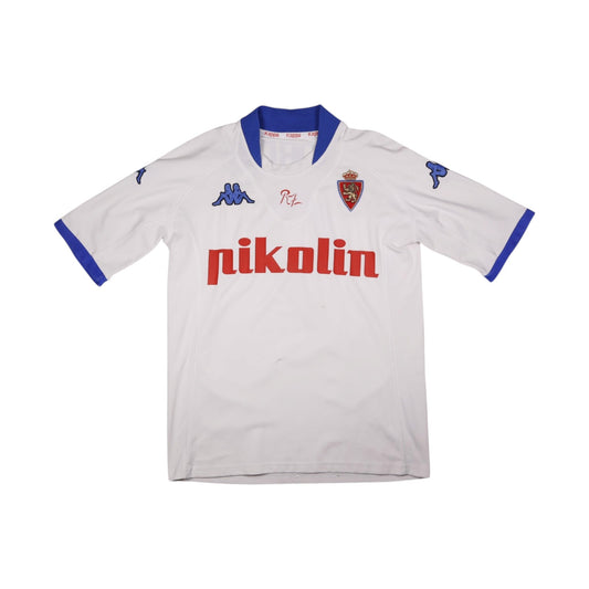 Real Zaragoza home shirt front view with Pikolin sponsor and crest