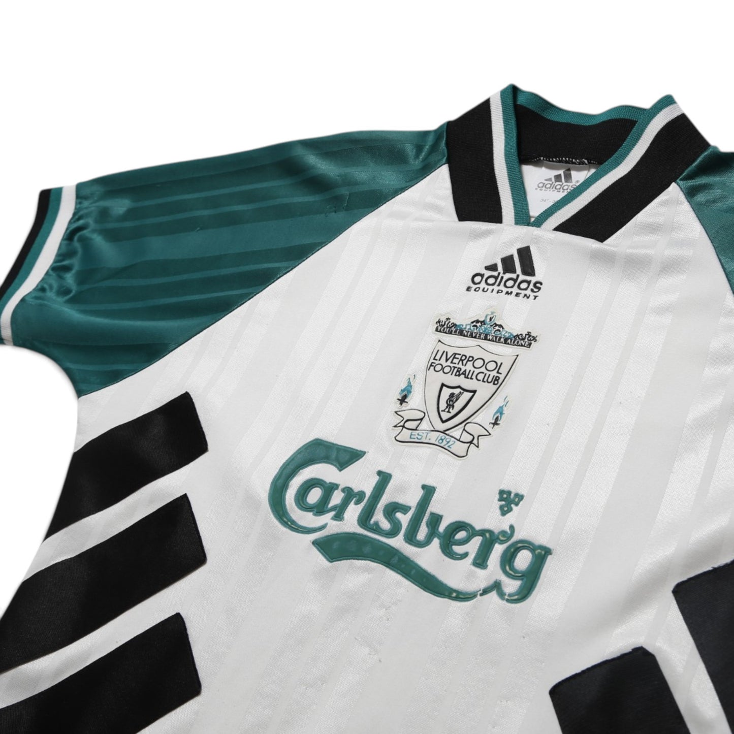 Liverpool 1993-95 away shirt chest detail with Carlsberg sponsor and club crest