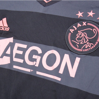 Close-up of Ajax crest, three stars and AEGON sponsor print