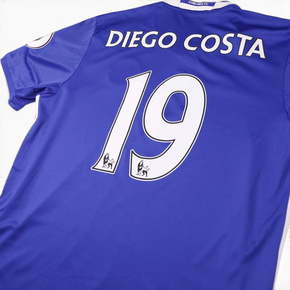 Close-up of Diego Costa name and number 19 on Chelsea shirt back