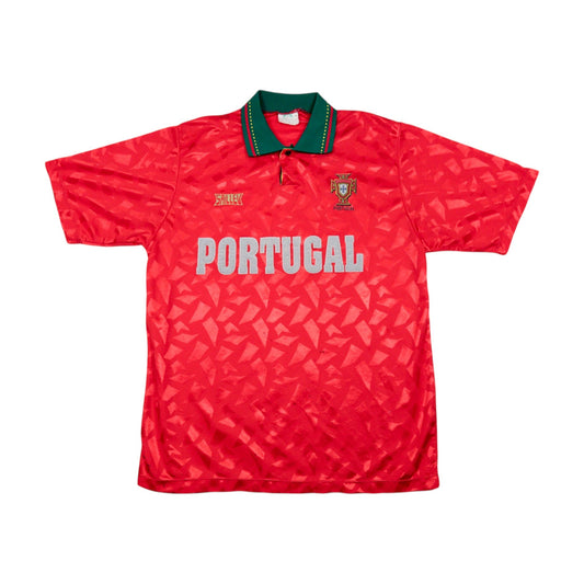 1995/96 Portugal home football shirt front view, red with green collar
