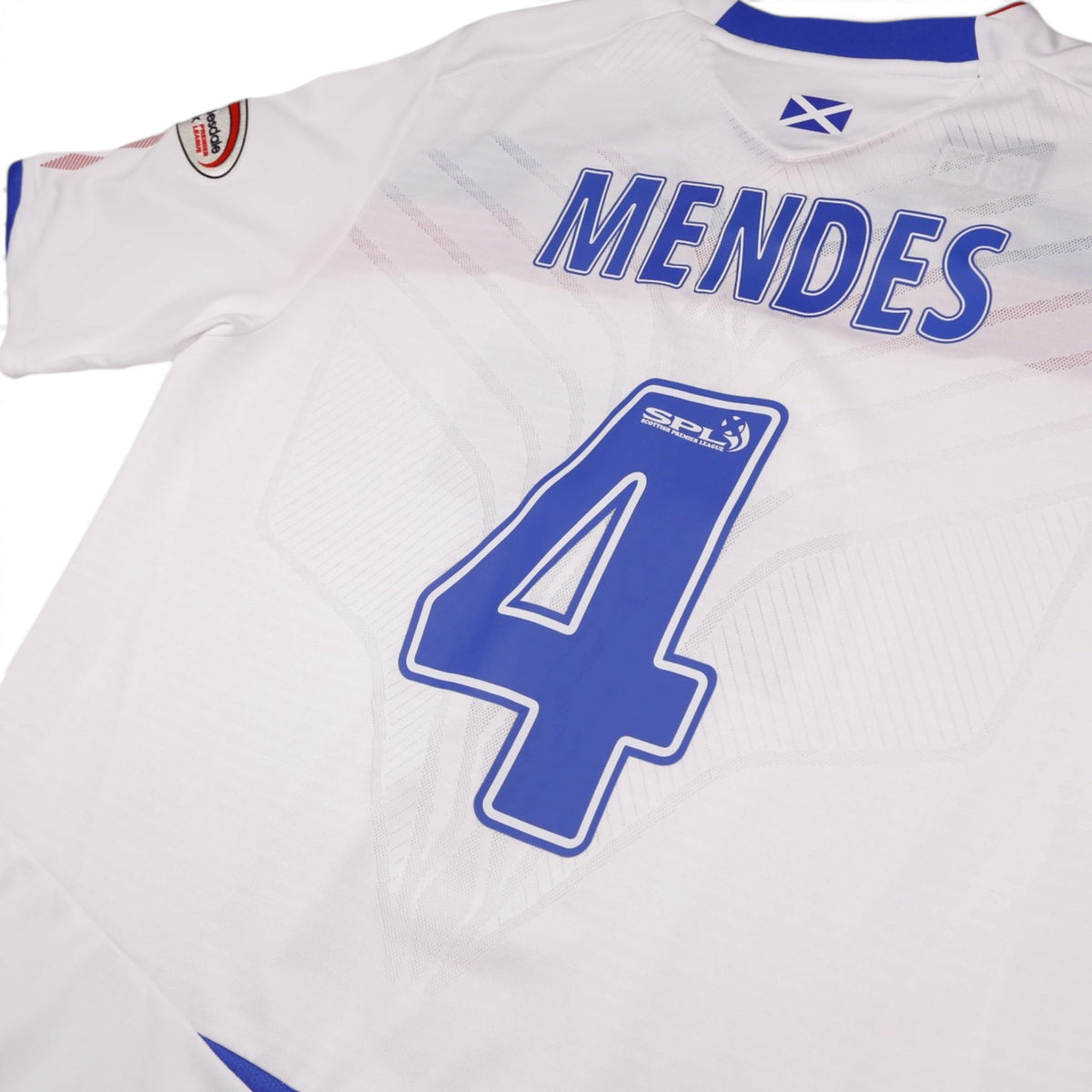 Close-up of Mendes #4 printing and SPL badge on Rangers away shirt