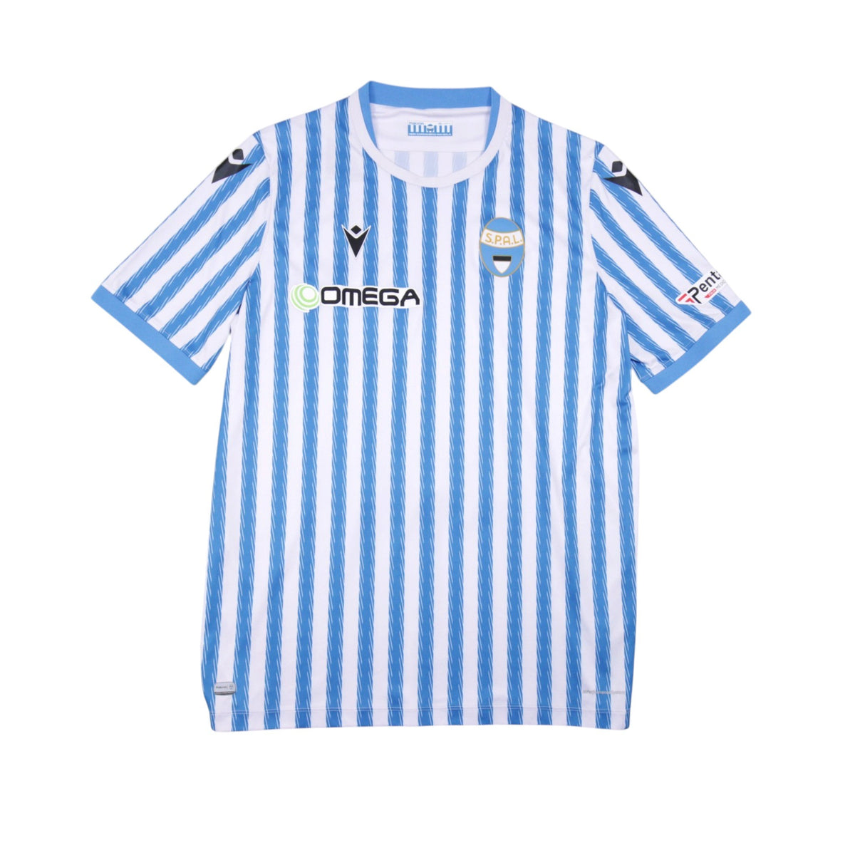 2020/21 SPAL home shirt front view, blue and white stripes with Omega sponsor