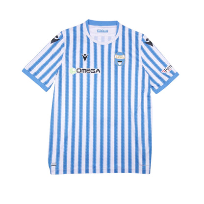 2020/21 SPAL home shirt front view, blue and white stripes with Omega sponsor