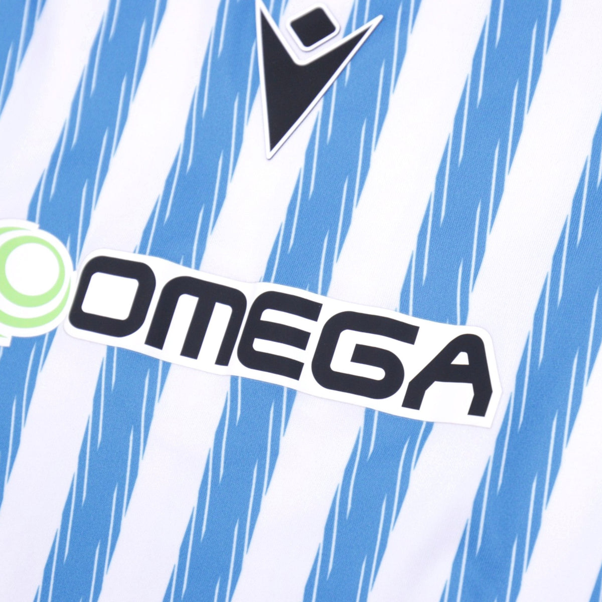 Close-up of Macron logo and Omega sponsor on SPAL shirt front