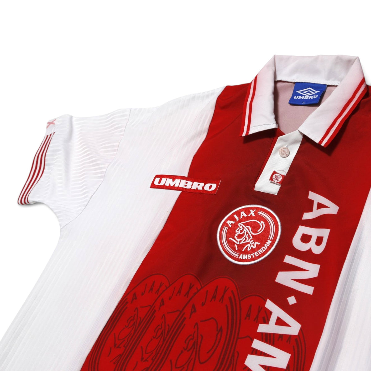 1997-98 Ajax home shirt back panel detail showing red and white stripe design