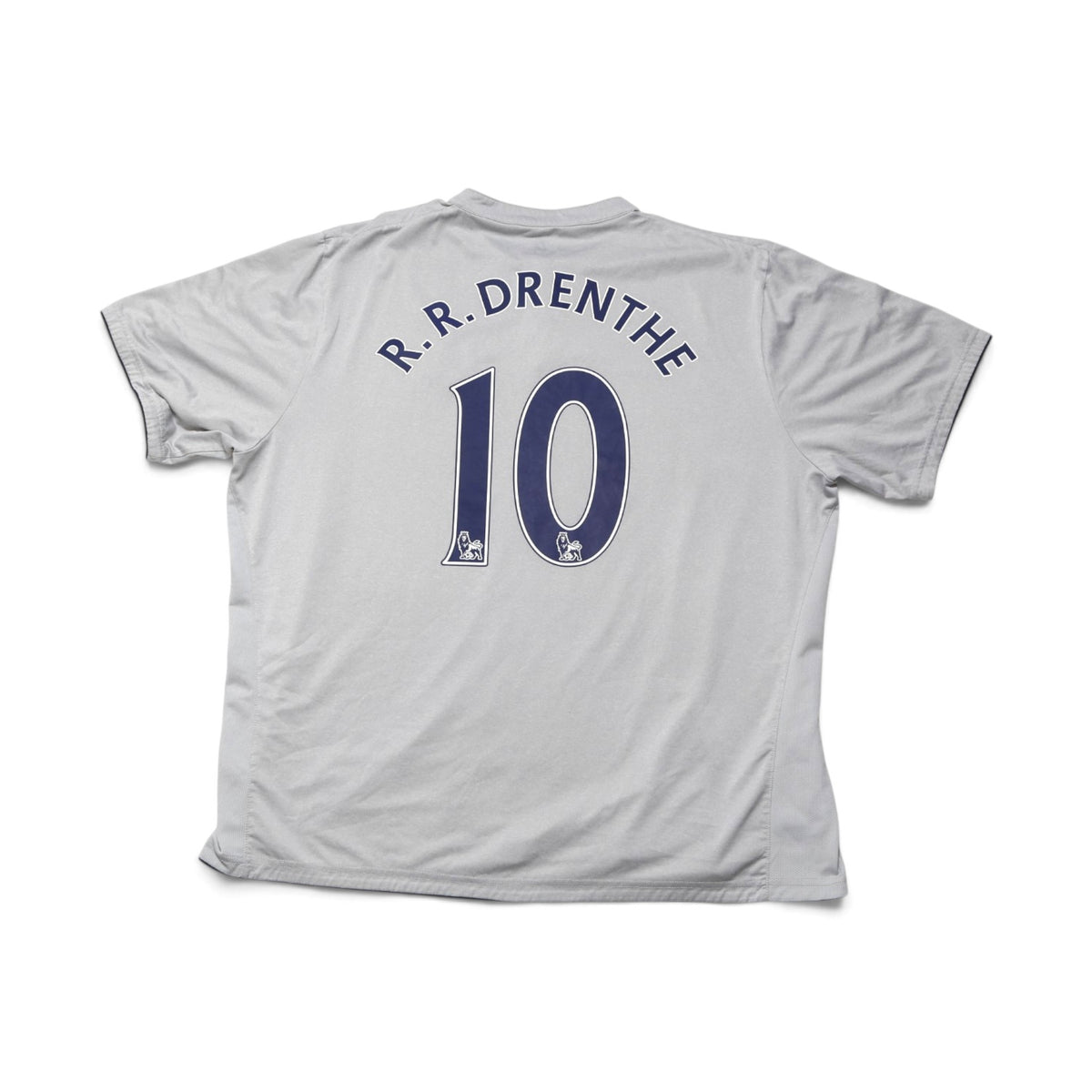 Close-up of Everton shirt back showing R.R. Drenthe #10 print with Premier League lion logos
