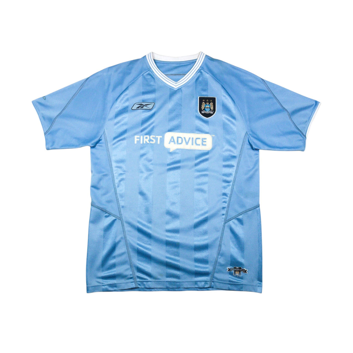 Manchester City 2003-04 home shirt front view, sky blue with First Advice sponsor