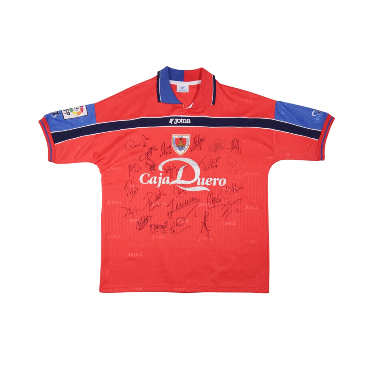 2000/01 Numancia home shirt front view with Caja Duero sponsor and signatures