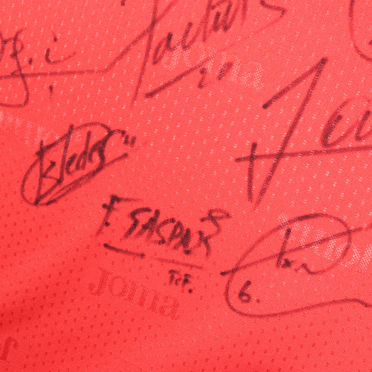 Close-up detail of further signatures on front of shirt