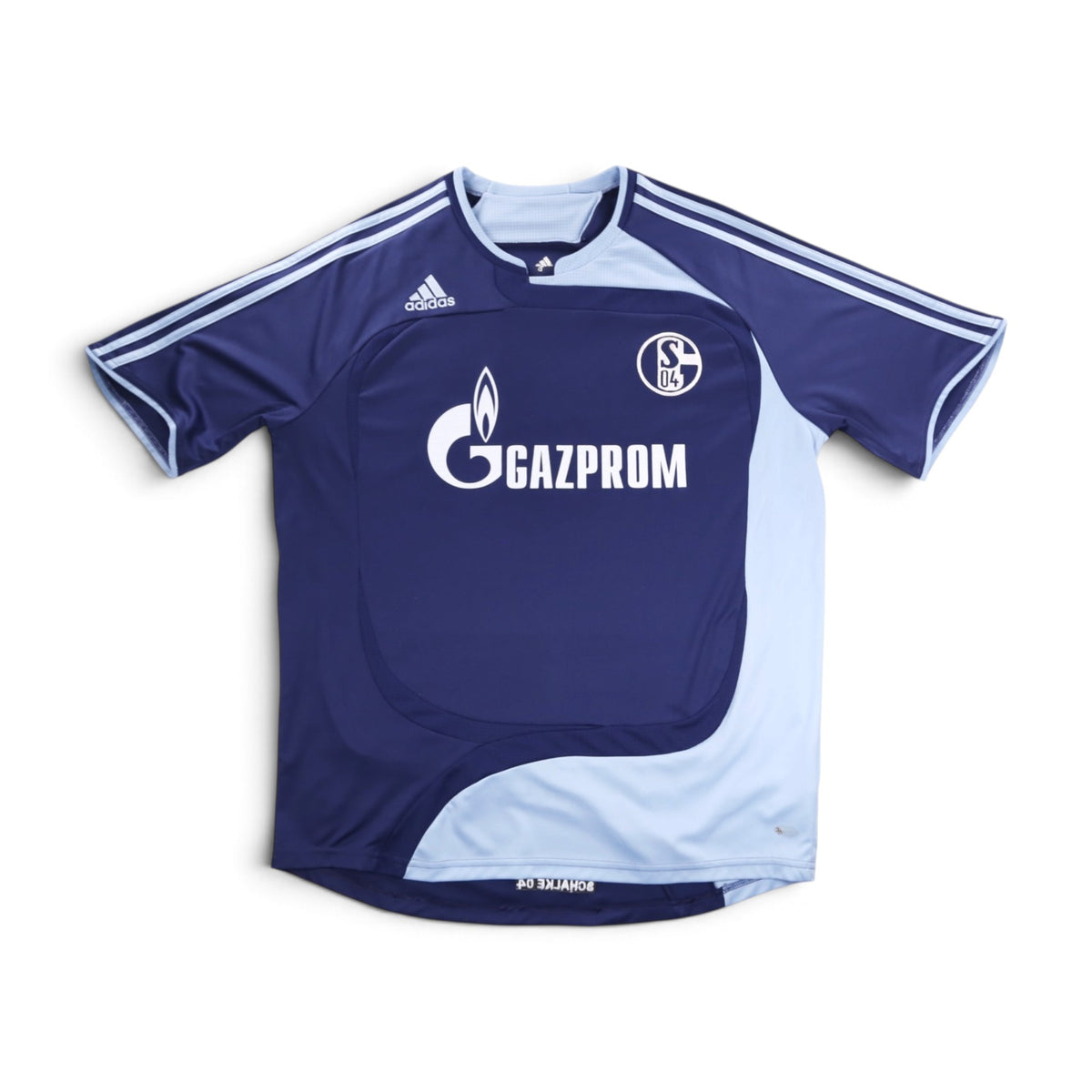Schalke 04 third shirt front view, navy and light blue with Gazprom sponsor