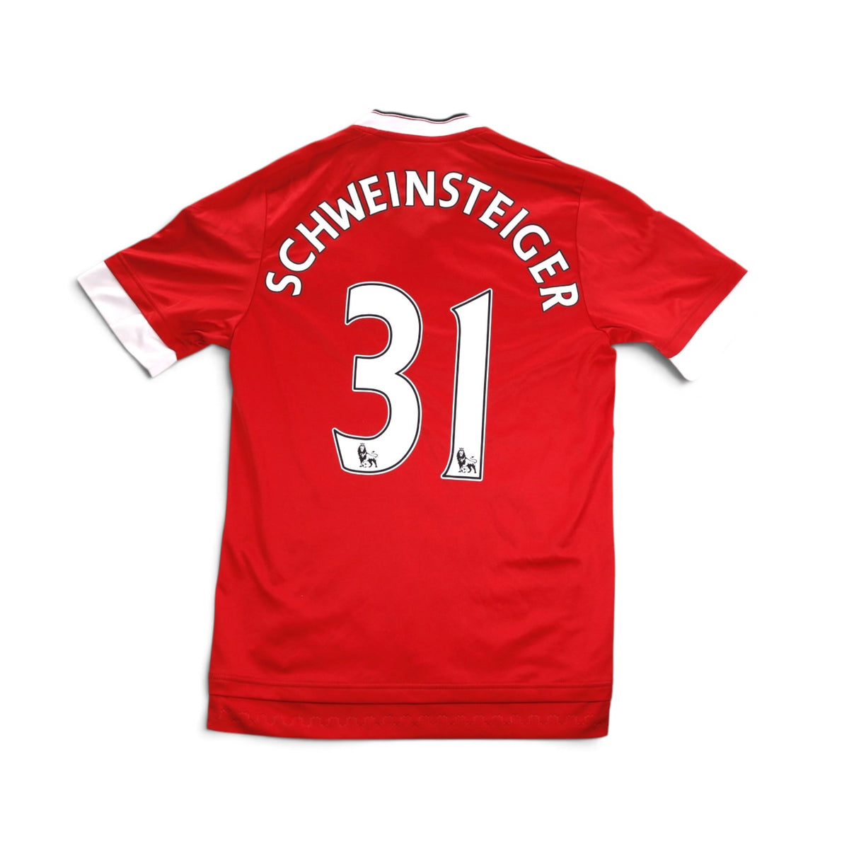 Close-up of Schweinsteiger 31 print on Manchester United home shirt back