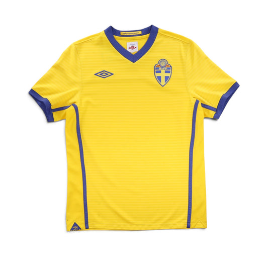 Sweden 2010/11 home football shirt front view, yellow with blue trim and SvFF crest