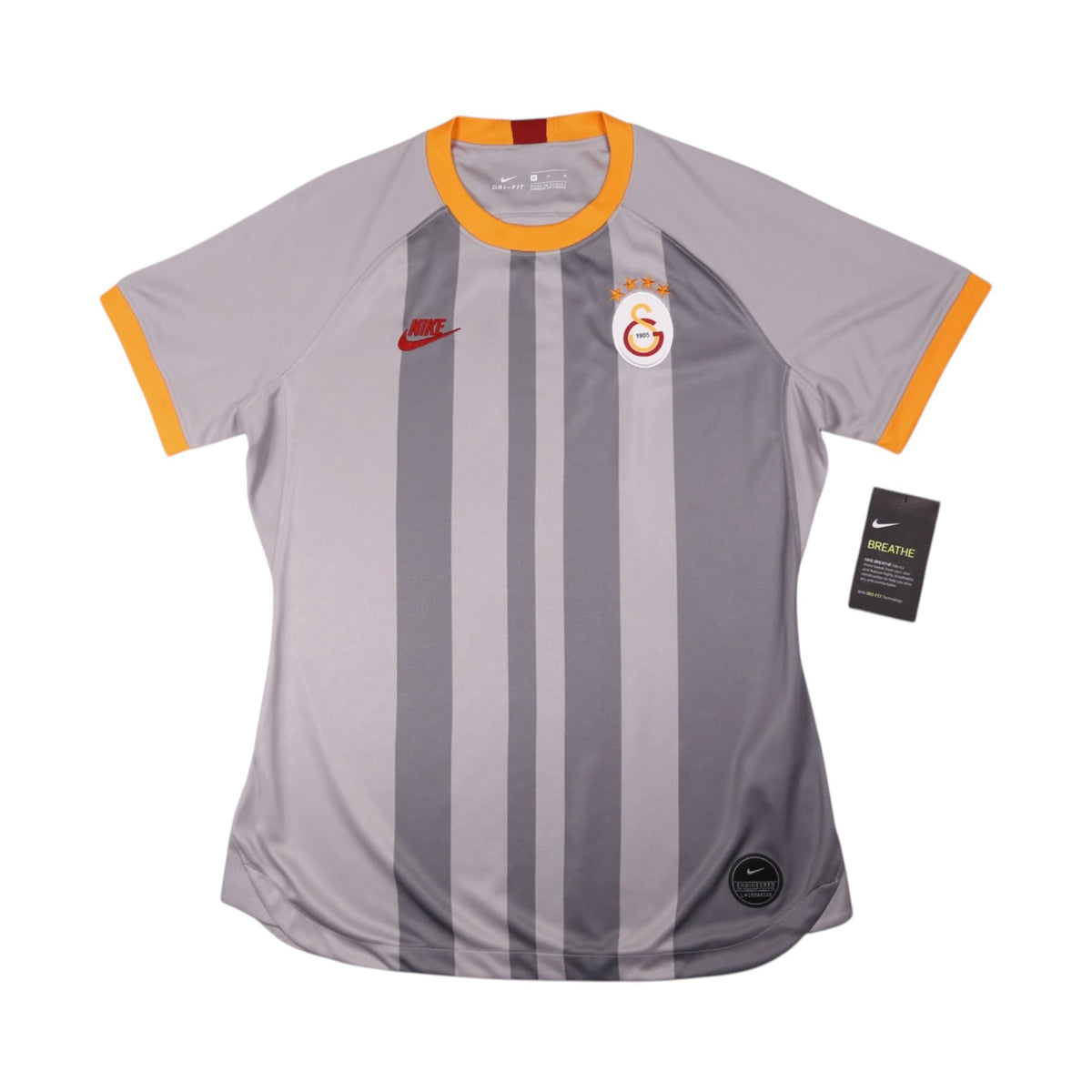 Galatasaray 2019/20 third shirt front view, grey with orange trim and crest