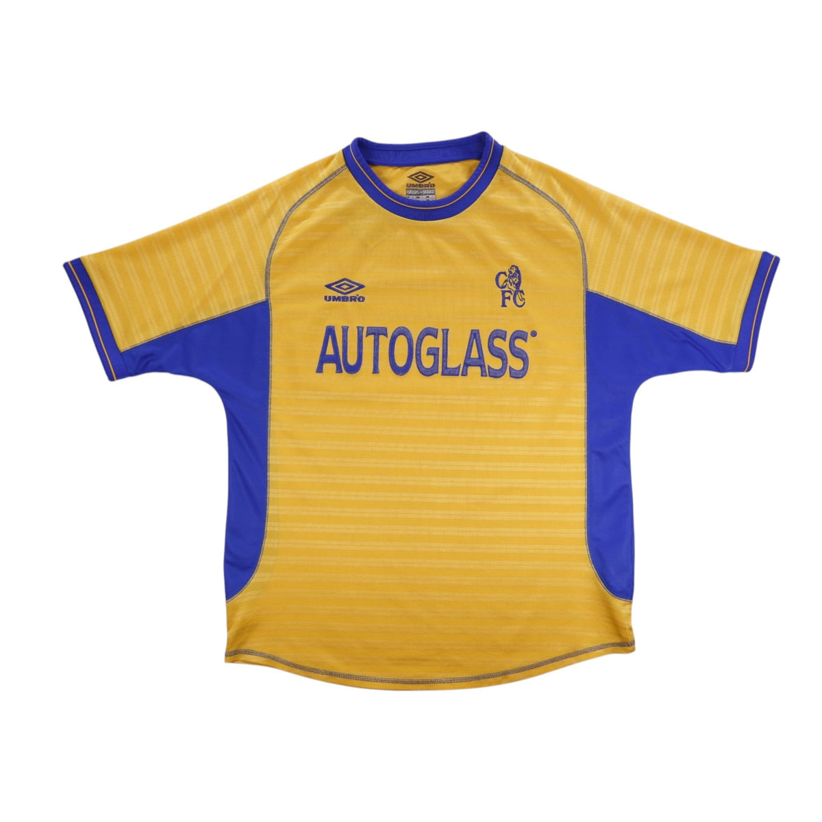 Chelsea 2000/01 away shirt front view, yellow with blue trim and Autoglass sponsor