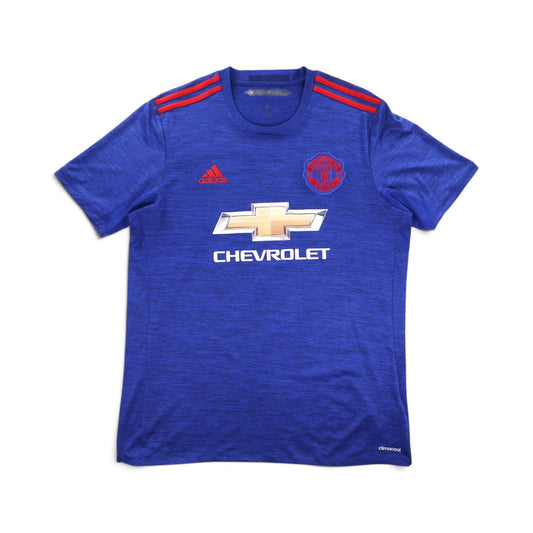 Manchester United 2016/17 away shirt front view, blue with Chevrolet sponsor and adidas logo