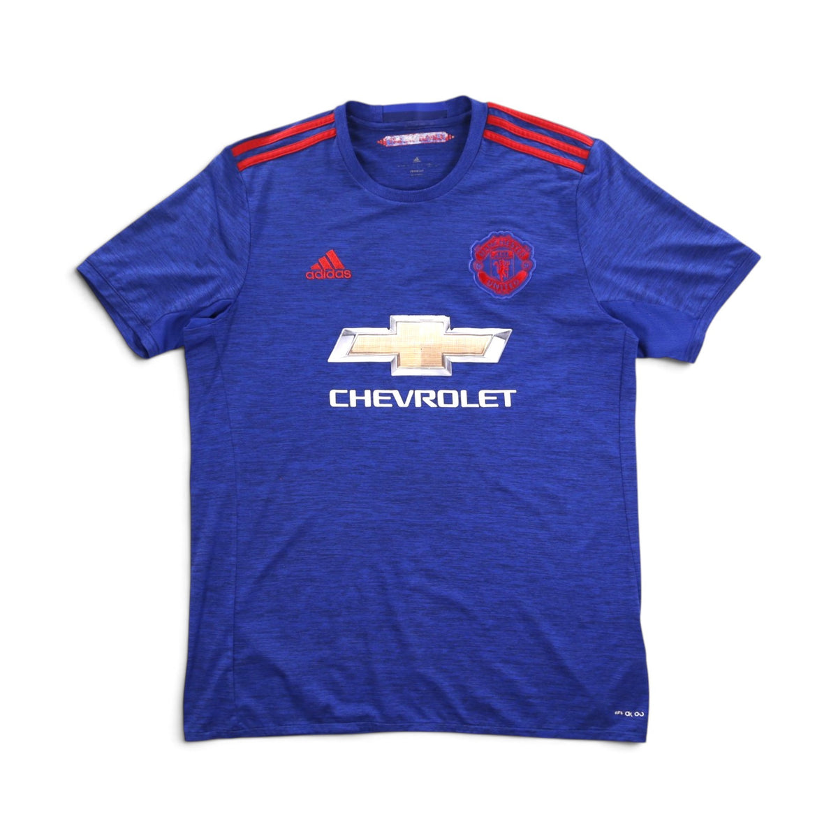 Manchester United 2016/17 away shirt front, blue with Chevrolet sponsor and adidas logo