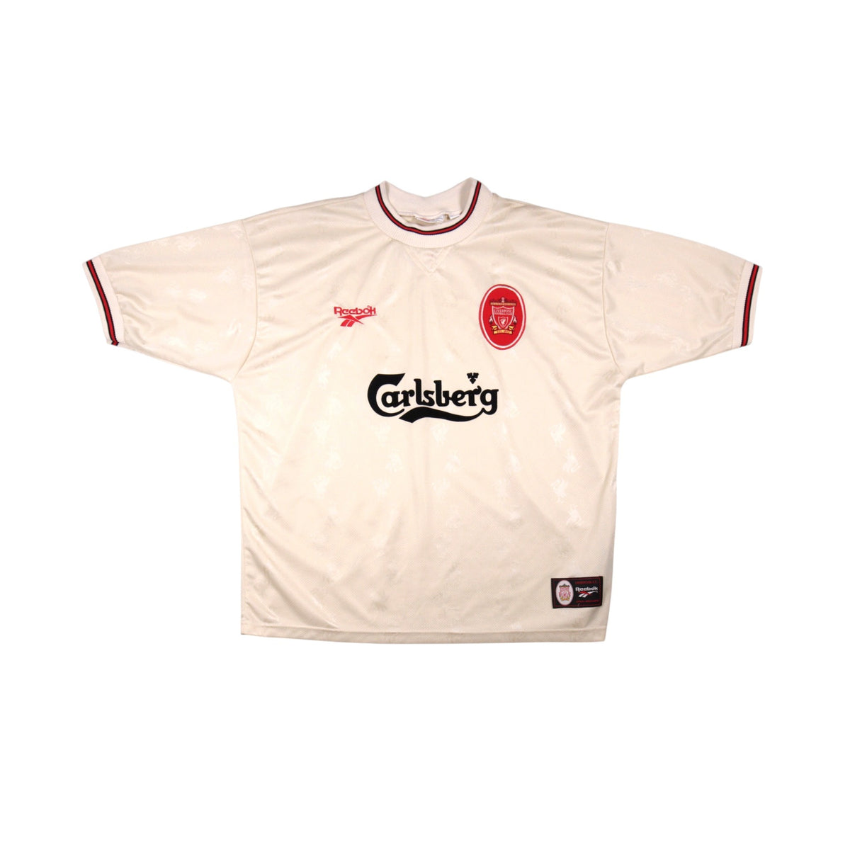 Front view of 1996/97 Liverpool away shirt by Reebok with Carlsberg sponsor