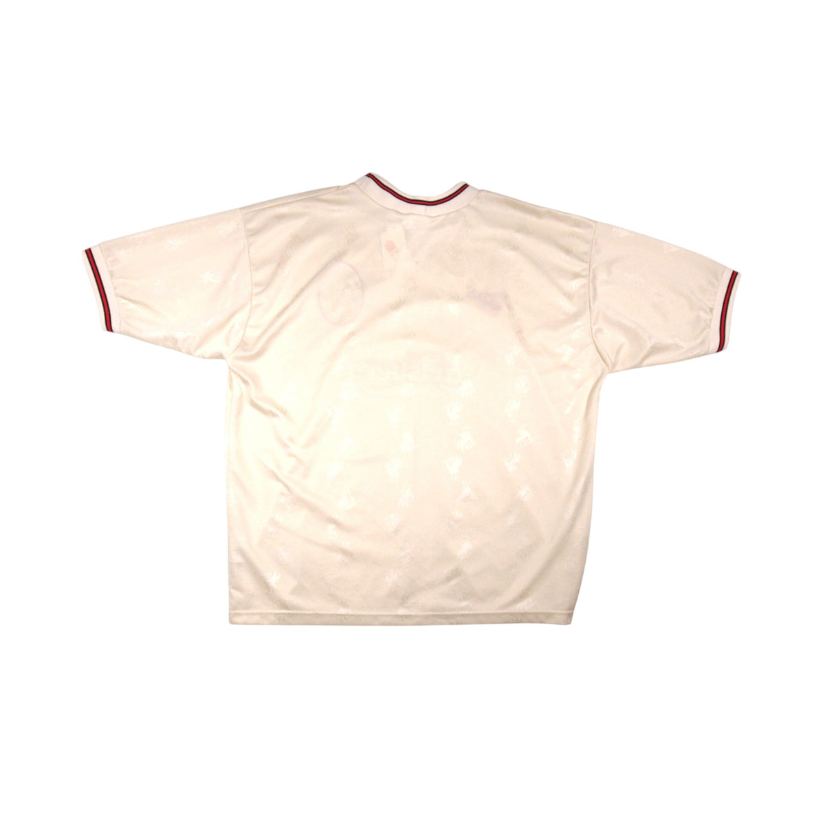 Back view of 1996/97 Liverpool away shirt showing plain cream back with faint mark