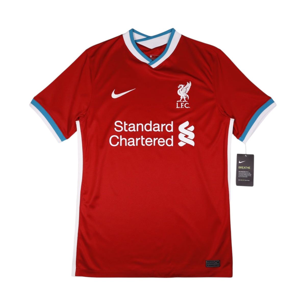 Liverpool 2020/21 home shirt front view with Standard Chartered sponsor and Nike swoosh
