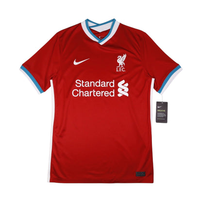 Liverpool 2020/21 home shirt front view with Standard Chartered sponsor and Nike swoosh