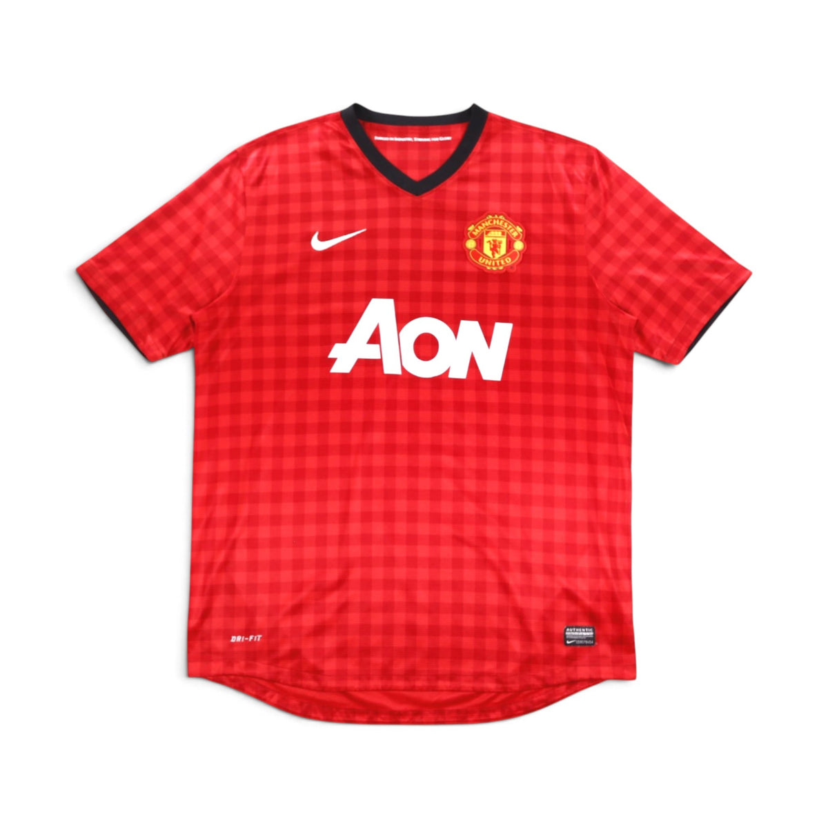 Manchester United 2012/13 home shirt front view showing Nike swoosh, crest and AON sponsor
