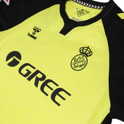 Close-up of Real Betis crest, hummel logo and GREE sponsor on the chest