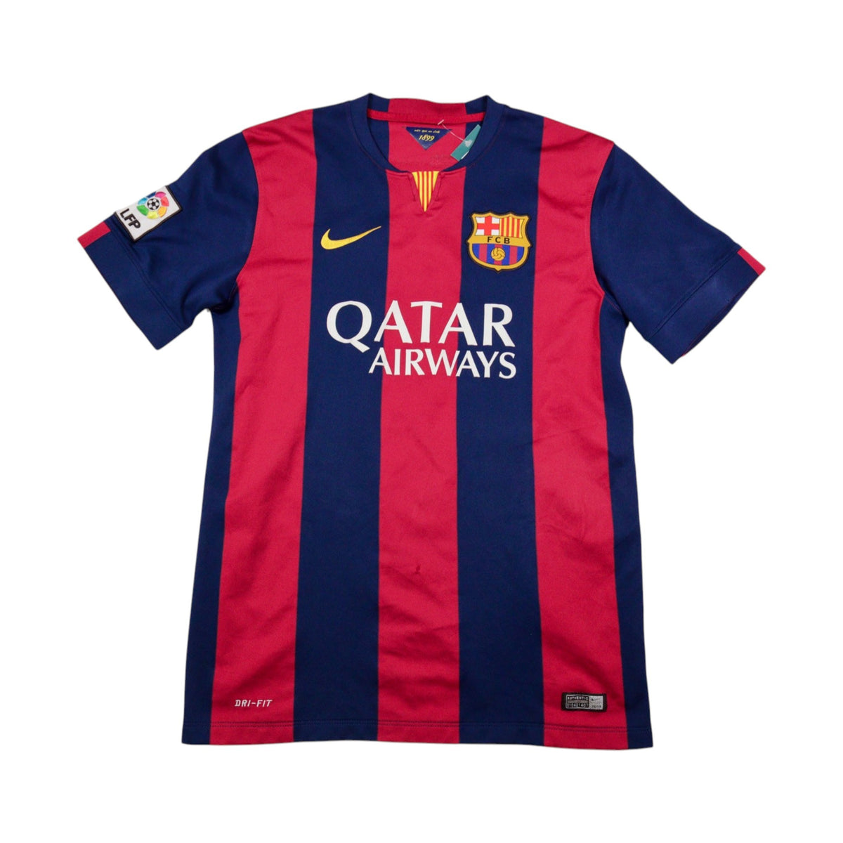 2014/15 Barcelona home shirt front view with Qatar Airways sponsor and FCB crest