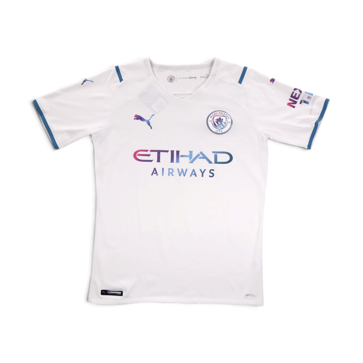 Front of white Manchester City 2021/22 away shirt by Puma with Etihad Airways sponsor