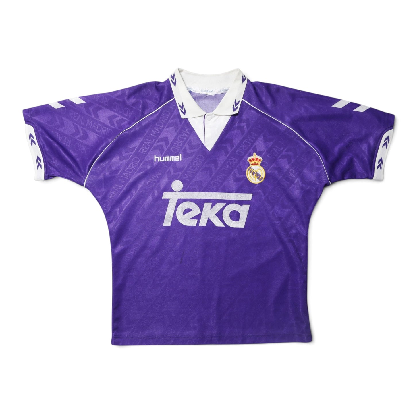 1993/94 Real Madrid away shirt front view, purple with Teka sponsor and Hummel logo