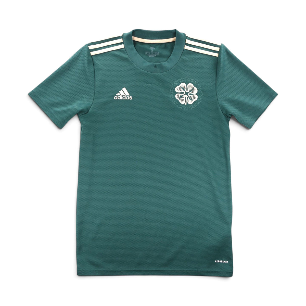 Front view of 2021/22 Celtic away shirt by adidas in dark green with cream trim