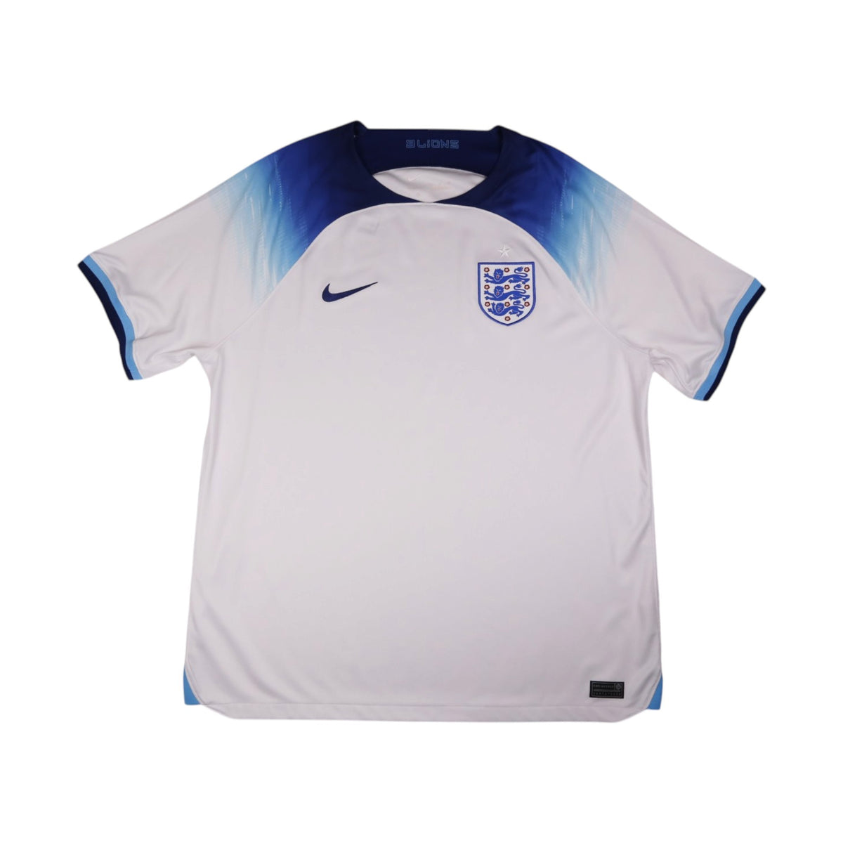 Front of 2022/23 England home shirt by Nike, white with navy and blue trim
