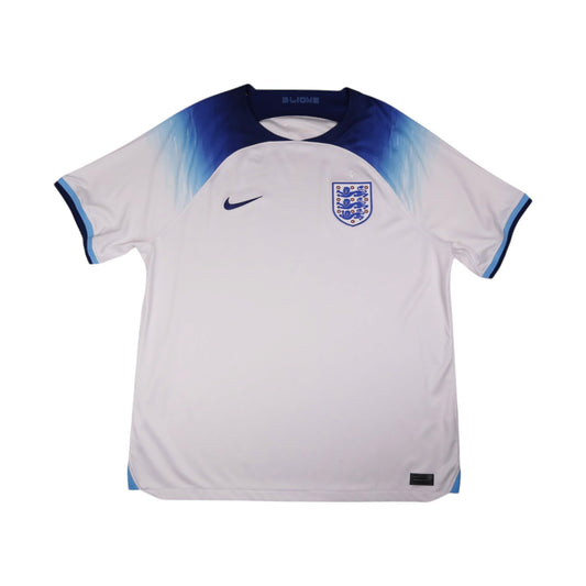Front of 2022/23 England home shirt by Nike, white with navy and blue trim