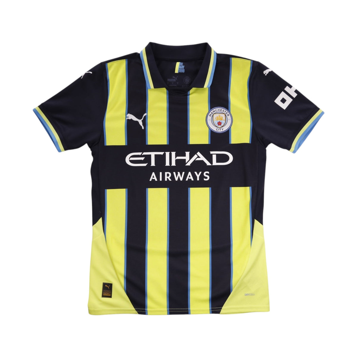Front of navy and yellow Manchester City 2024/25 away shirt with Etihad Airways sponsor
