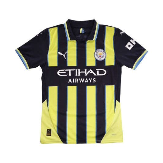 Front of navy and yellow Manchester City 2024/25 away shirt with Etihad Airways sponsor