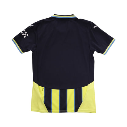 Back of Manchester City away shirt showing plain navy and yellow striped hem