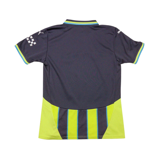 Manchester City 2024/25 away shirt back view showing navy and yellow stripe pattern