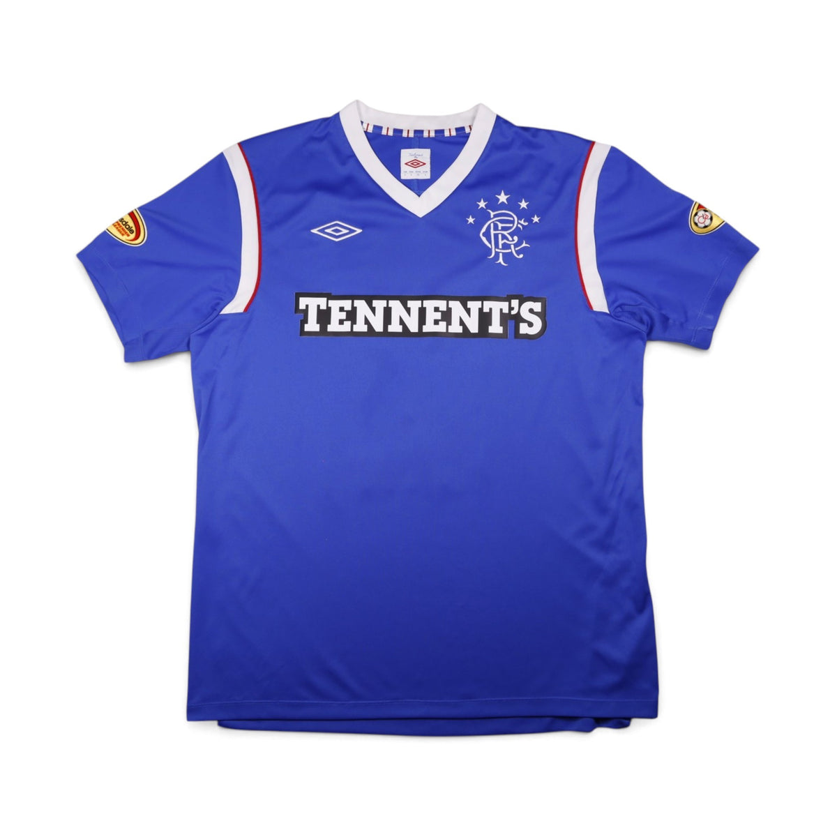Front view of 2011/12 Rangers home shirt with Tennent's sponsor and Umbro logo