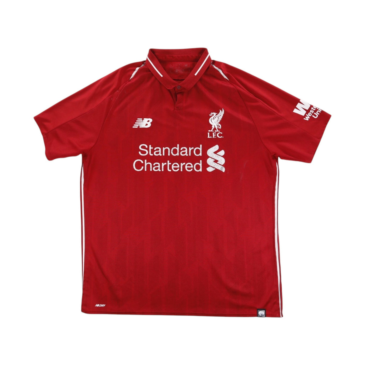 Liverpool 2018/19 home shirt front with Standard Chartered sponsor and New Balance logo