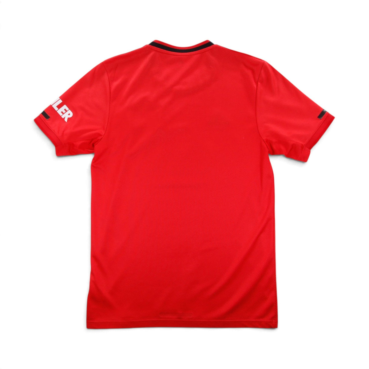 Back of 2019/20 Manchester United home shirt showing plain red body and Kohler sleeve print