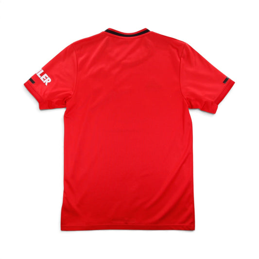 Back of 2019/20 Manchester United home shirt showing plain red body and Kohler sleeve print
