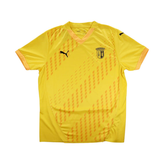 Sporting Braga 2024/25 third shirt front view, yellow with orange diagonal stripes